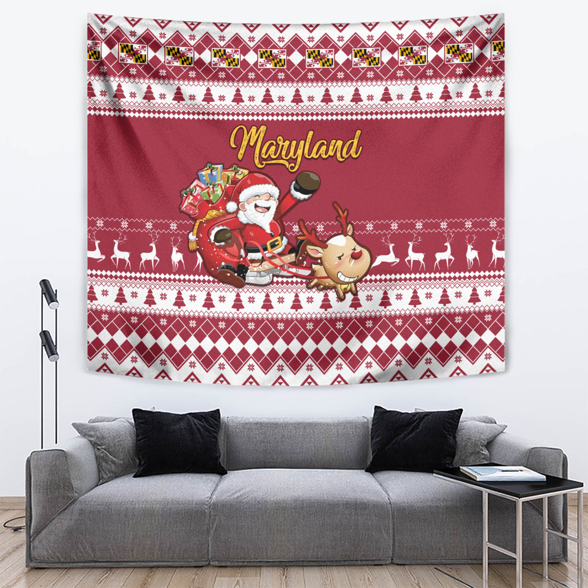 Custom Maryland Christmas Tapestry Santa Claus Riding A Reindeer - Wonder Print Shop