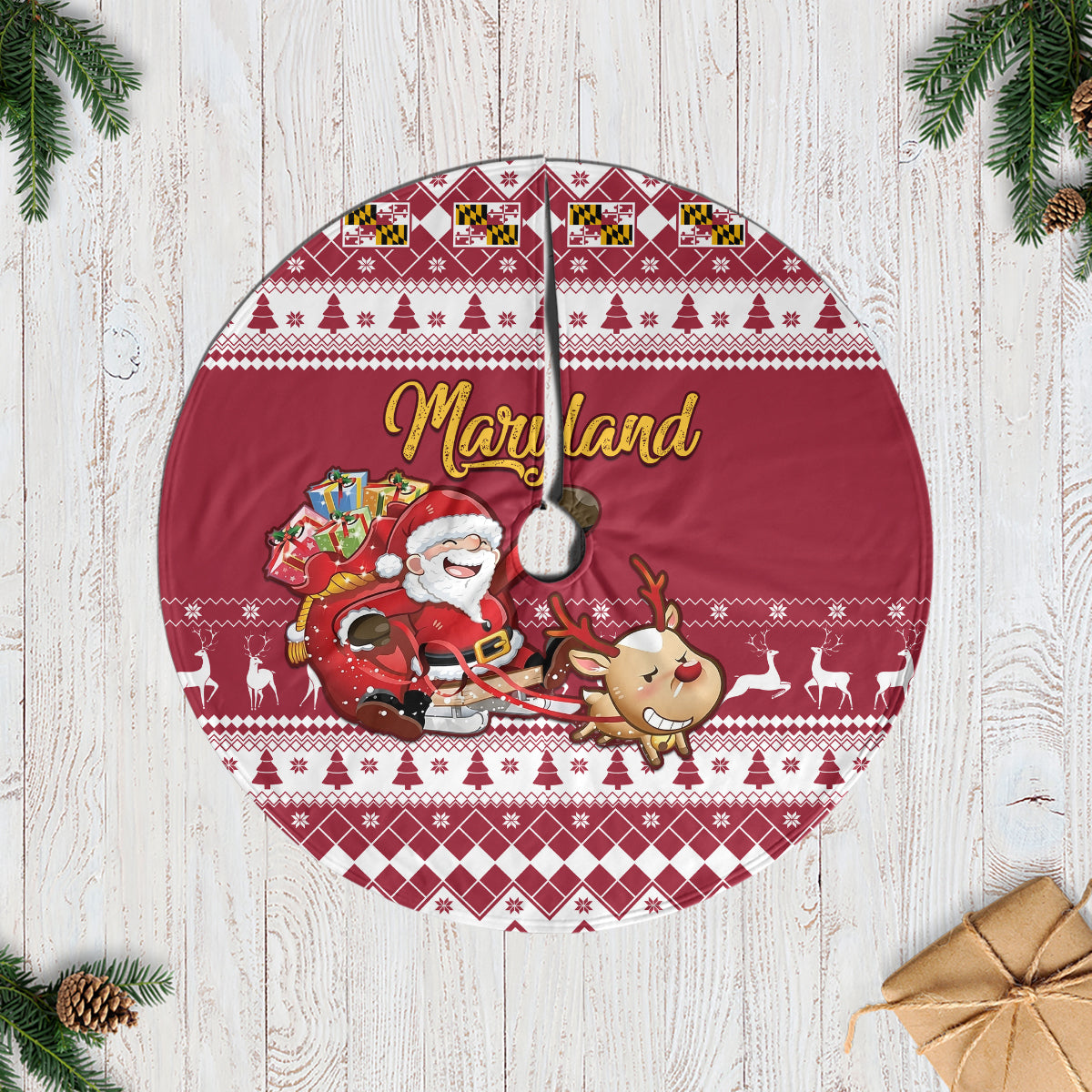 Maryland Christmas Tree Skirt Santa Claus Riding A Reindeer - Wonder Print Shop