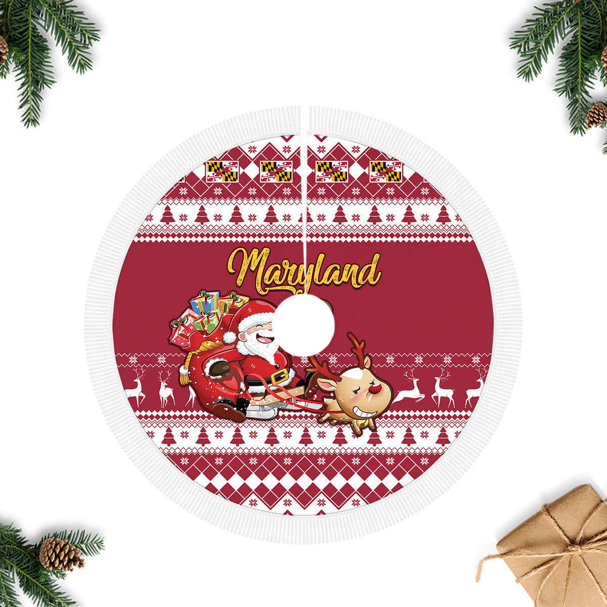 Maryland Christmas Tree Skirt Santa Claus Riding A Reindeer - Wonder Print Shop