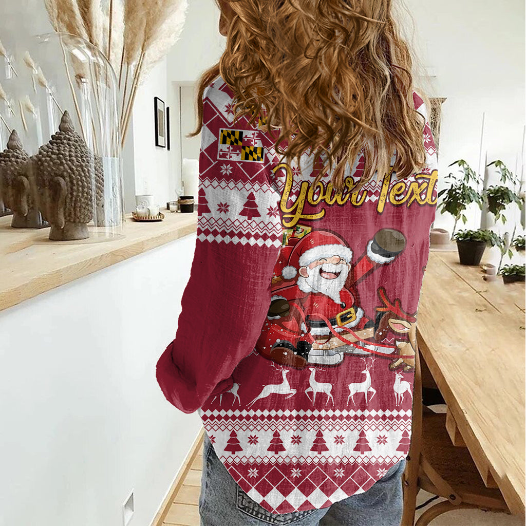 Custom Maryland Christmas Women Casual Shirt Santa Claus Riding A Reindeer - Wonder Print Shop
