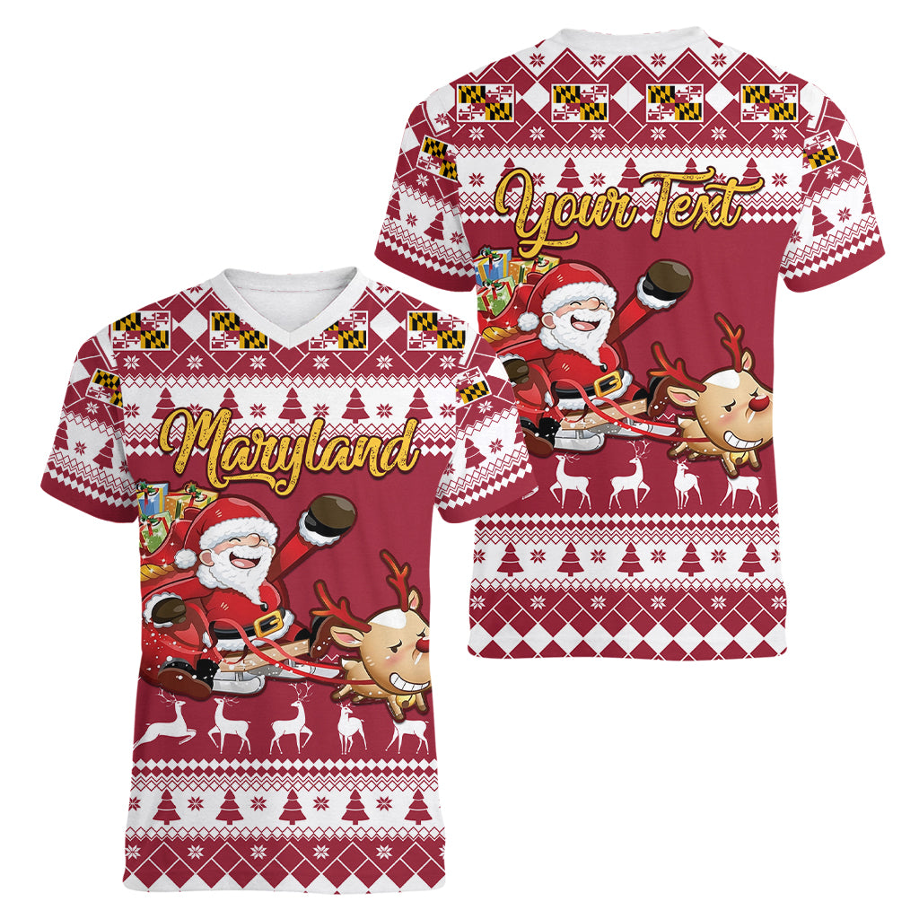 Custom Maryland Christmas Women V Neck T Shirt Santa Claus Riding A Reindeer - Wonder Print Shop