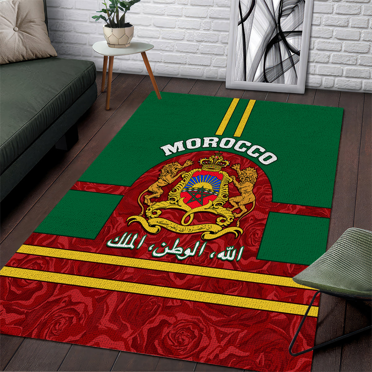 Morocco Proclamation Day Area Rug Marruecos Coat of Arms Roses Pattern - Wonder Print Shop