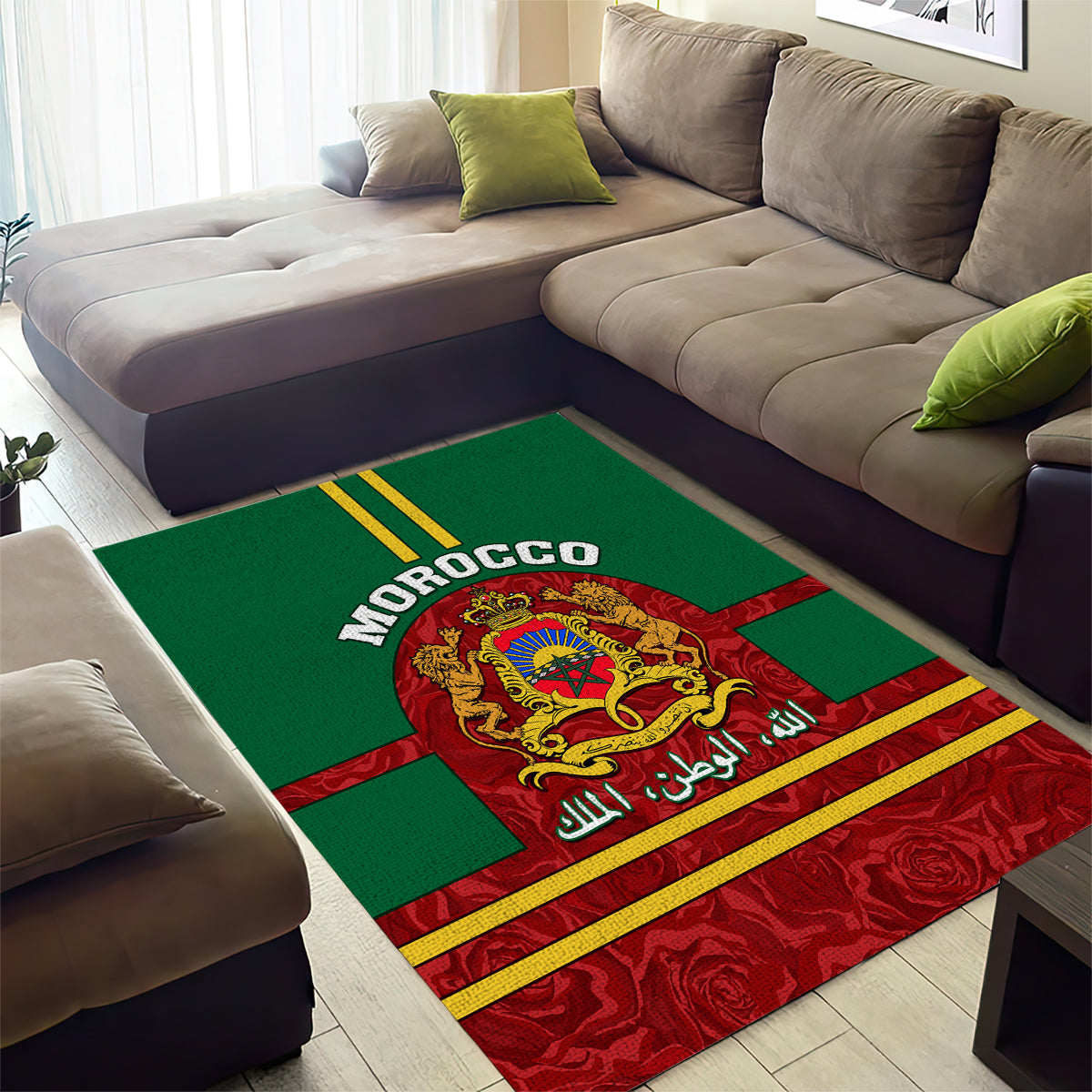 Morocco Proclamation Day Area Rug Marruecos Coat of Arms Roses Pattern - Wonder Print Shop