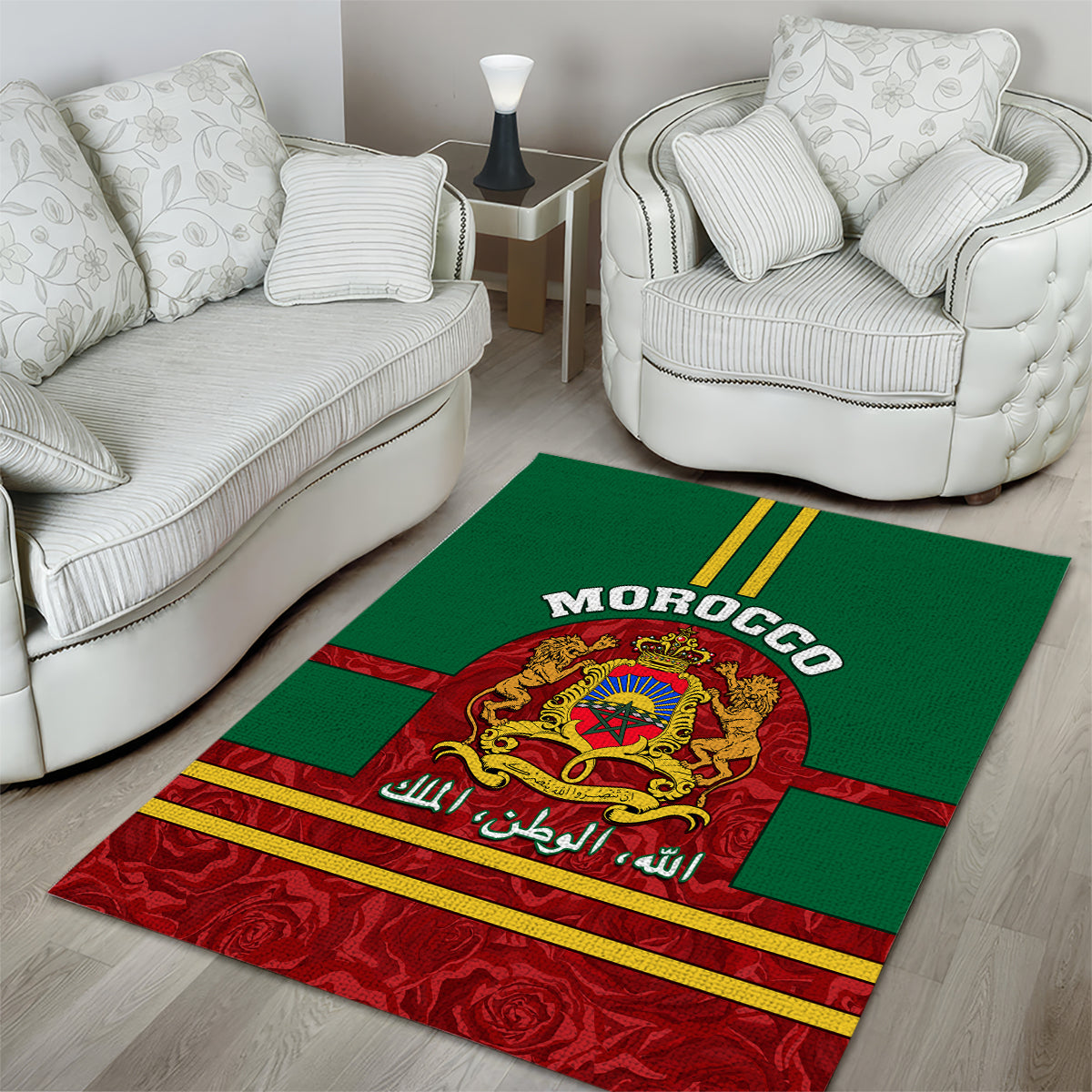 Morocco Proclamation Day Area Rug Marruecos Coat of Arms Roses Pattern - Wonder Print Shop