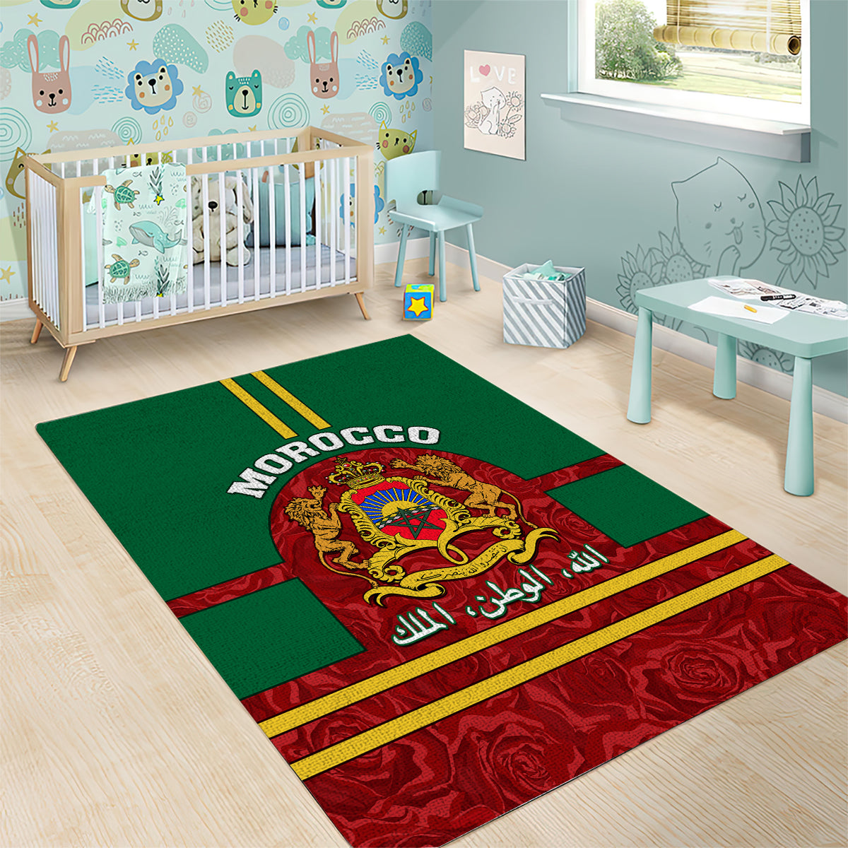 Morocco Proclamation Day Area Rug Marruecos Coat of Arms Roses Pattern - Wonder Print Shop
