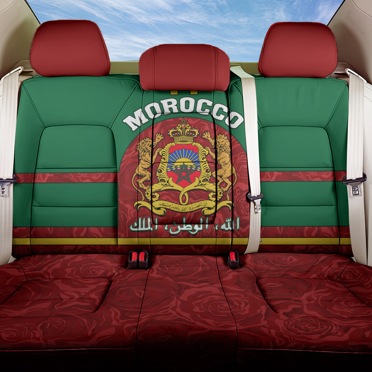 Morocco Proclamation Day Back Car Seat Cover Marruecos Coat of Arms Roses Pattern - Wonder Print Shop