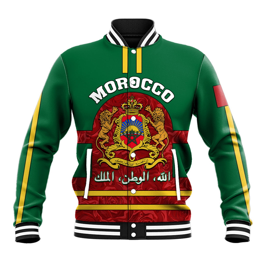 Morocco Proclamation Day Baseball Jacket Marruecos Coat of Arms Roses Pattern - Wonder Print Shop