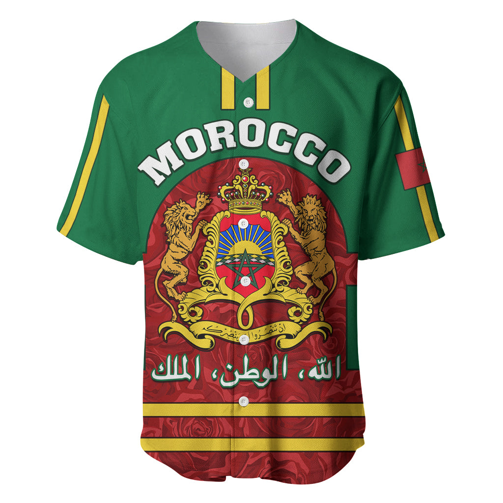 Morocco Proclamation Day Baseball Jersey Marruecos Coat of Arms Roses Pattern - Wonder Print Shop