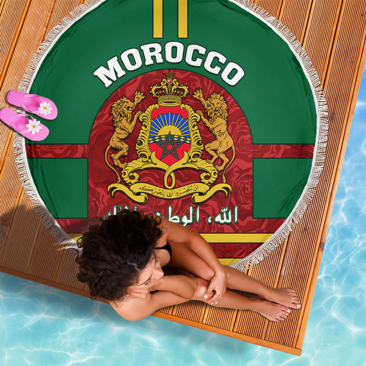 Morocco Proclamation Day Beach Blanket Marruecos Coat of Arms Roses Pattern - Wonder Print Shop