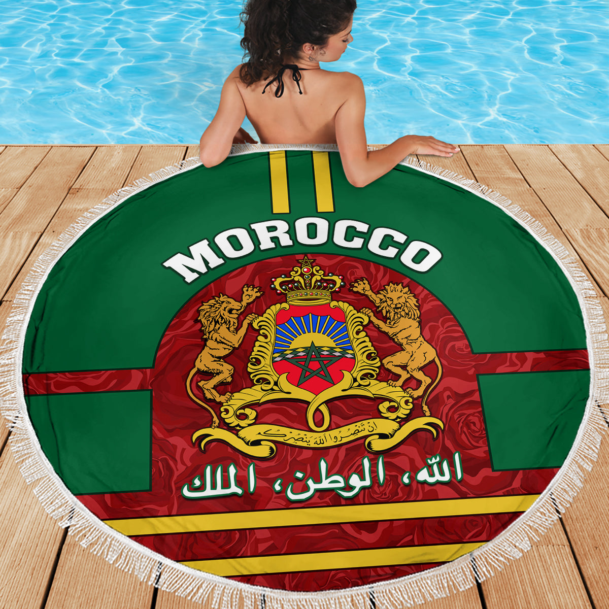 Morocco Proclamation Day Beach Blanket Marruecos Coat of Arms Roses Pattern - Wonder Print Shop