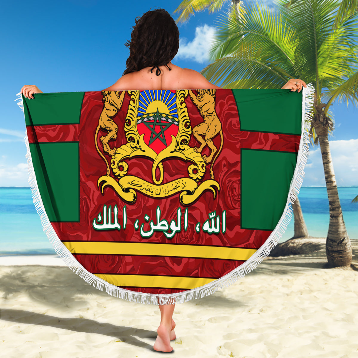Morocco Proclamation Day Beach Blanket Marruecos Coat of Arms Roses Pattern - Wonder Print Shop
