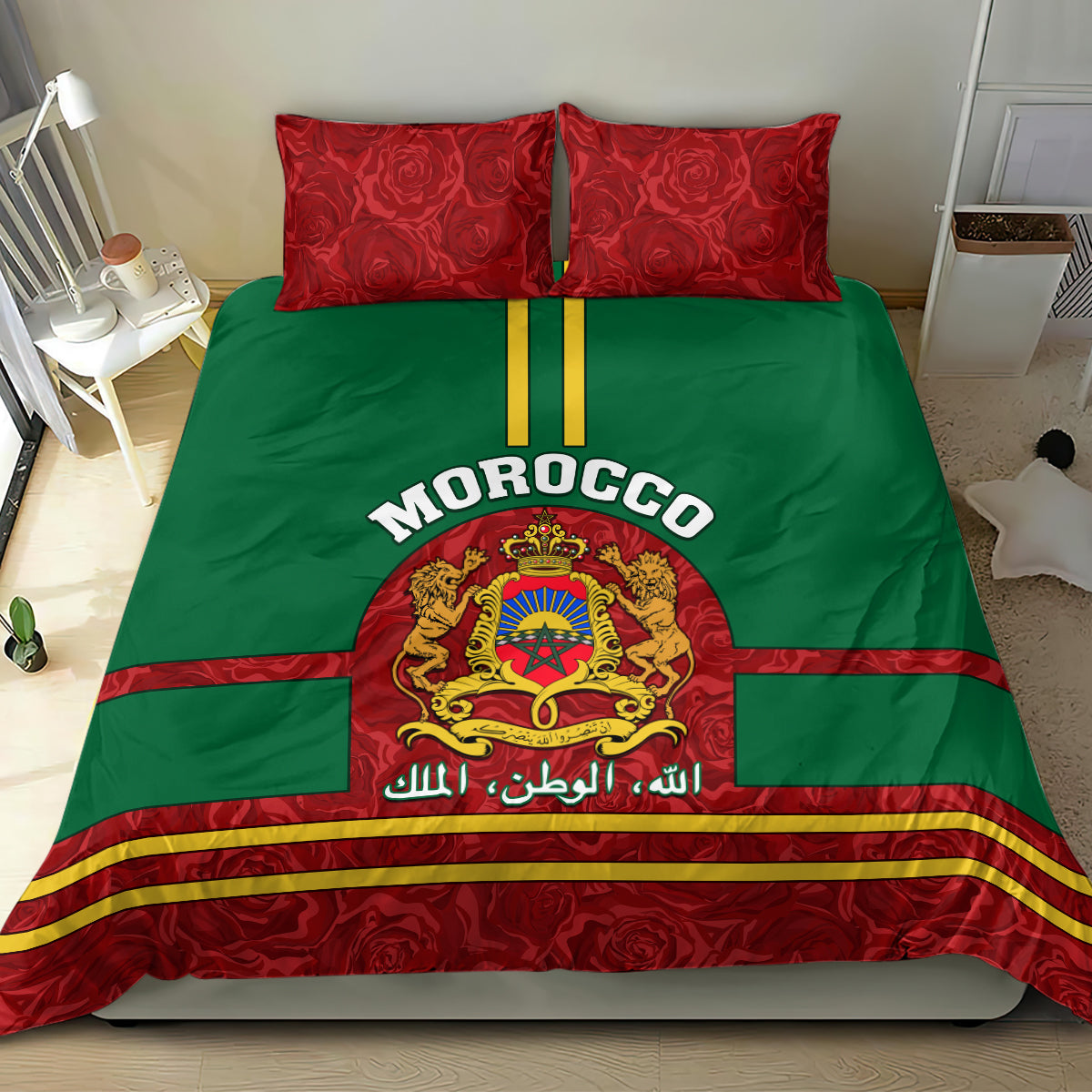 Morocco Proclamation Day Bedding Set Marruecos Coat of Arms Roses Pattern - Wonder Print Shop