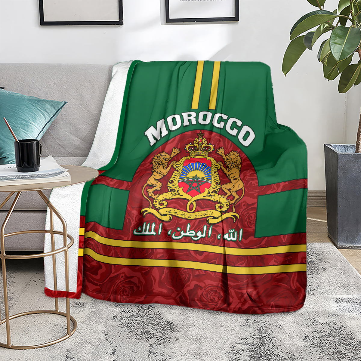 morocco-proclamation-day-blanket-marruecos-coat-of-arms-roses-pattern