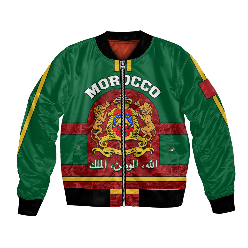 Morocco Proclamation Day Bomber Jacket Marruecos Coat of Arms Roses Pattern - Wonder Print Shop