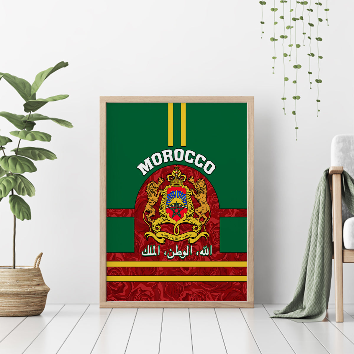 Morocco Proclamation Day Canvas Wall Art Marruecos Coat of Arms Roses Pattern - Wonder Print Shop