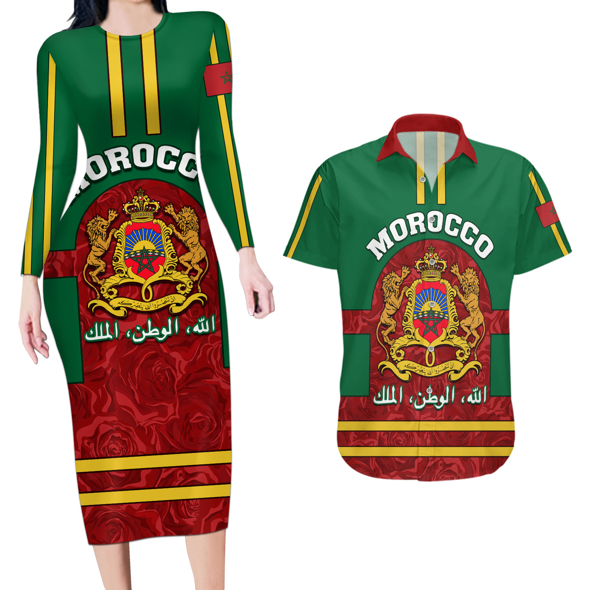Morocco Proclamation Day Couples Matching Long Sleeve Bodycon Dress and Hawaiian Shirt Marruecos Coat of Arms Roses Pattern - Wonder Print Shop