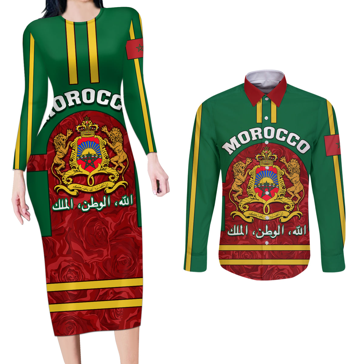 Morocco Proclamation Day Couples Matching Long Sleeve Bodycon Dress and Long Sleeve Button Shirt Marruecos Coat of Arms Roses Pattern - Wonder Print Shop