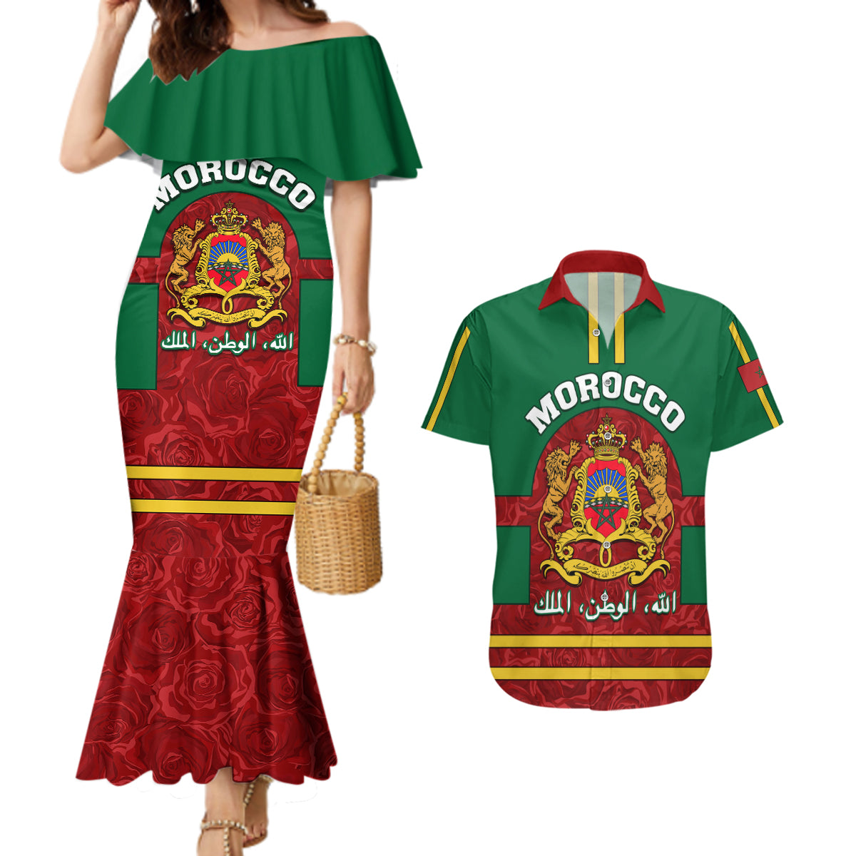 Morocco Proclamation Day Couples Matching Mermaid Dress and Hawaiian Shirt Marruecos Coat of Arms Roses Pattern - Wonder Print Shop