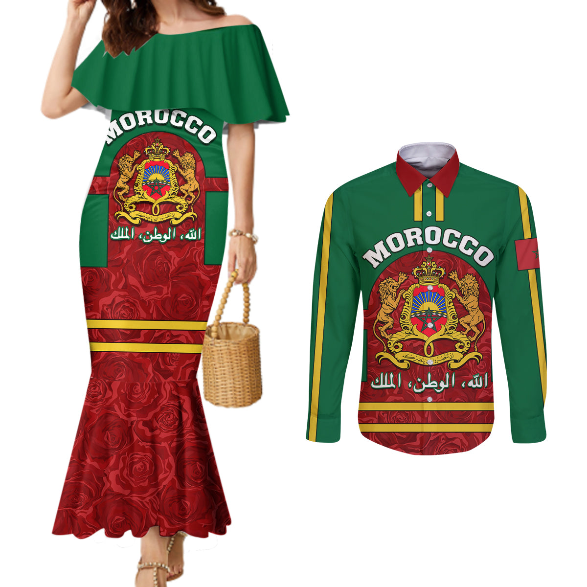 morocco-proclamation-day-couples-matching-mermaid-dress-and-long-sleeve-button-shirt-marruecos-coat-of-arms-roses-pattern