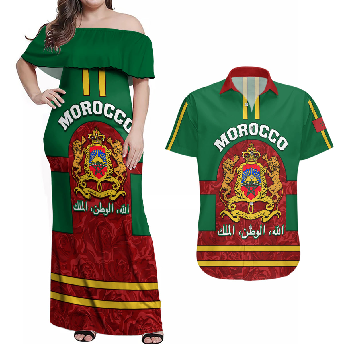 Morocco Proclamation Day Couples Matching Off Shoulder Maxi Dress and Hawaiian Shirt Marruecos Coat of Arms Roses Pattern - Wonder Print Shop