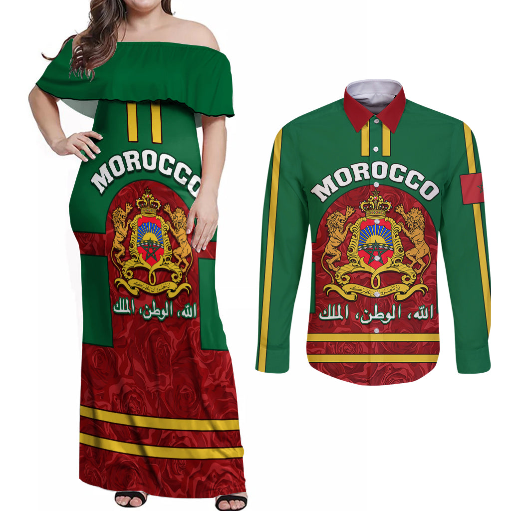 Morocco Proclamation Day Couples Matching Off Shoulder Maxi Dress and Long Sleeve Button Shirt Marruecos Coat of Arms Roses Pattern - Wonder Print Shop