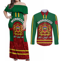 Morocco Proclamation Day Couples Matching Off Shoulder Maxi Dress and Long Sleeve Button Shirt Marruecos Coat of Arms Roses Pattern - Wonder Print Shop