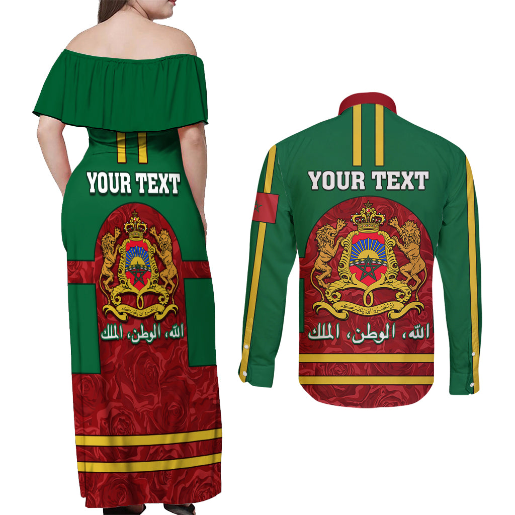 Morocco Proclamation Day Couples Matching Off Shoulder Maxi Dress and Long Sleeve Button Shirt Marruecos Coat of Arms Roses Pattern - Wonder Print Shop