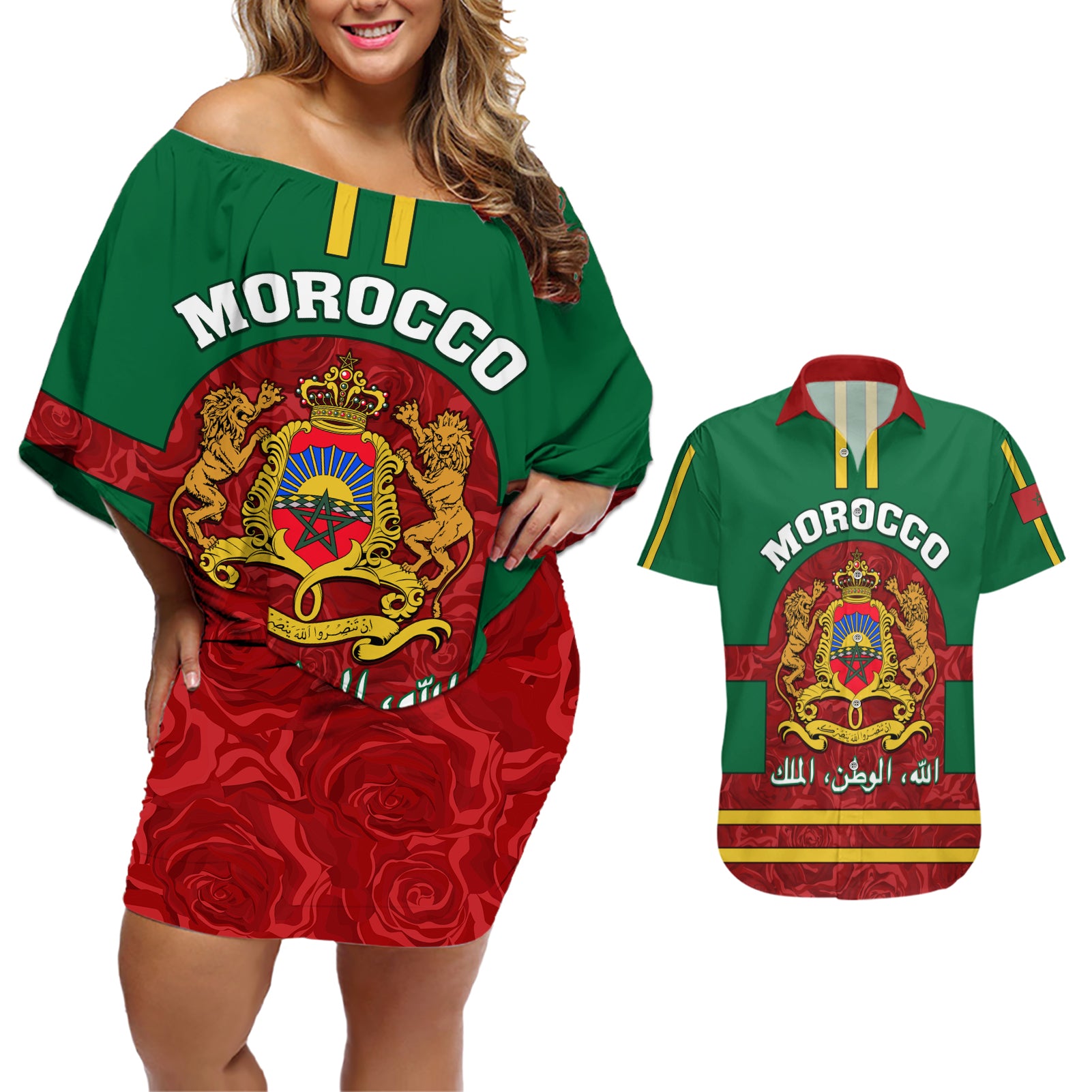 Morocco Proclamation Day Couples Matching Off Shoulder Short Dress and Hawaiian Shirt Marruecos Coat of Arms Roses Pattern - Wonder Print Shop