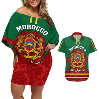 Morocco Proclamation Day Couples Matching Off Shoulder Short Dress and Hawaiian Shirt Marruecos Coat of Arms Roses Pattern - Wonder Print Shop