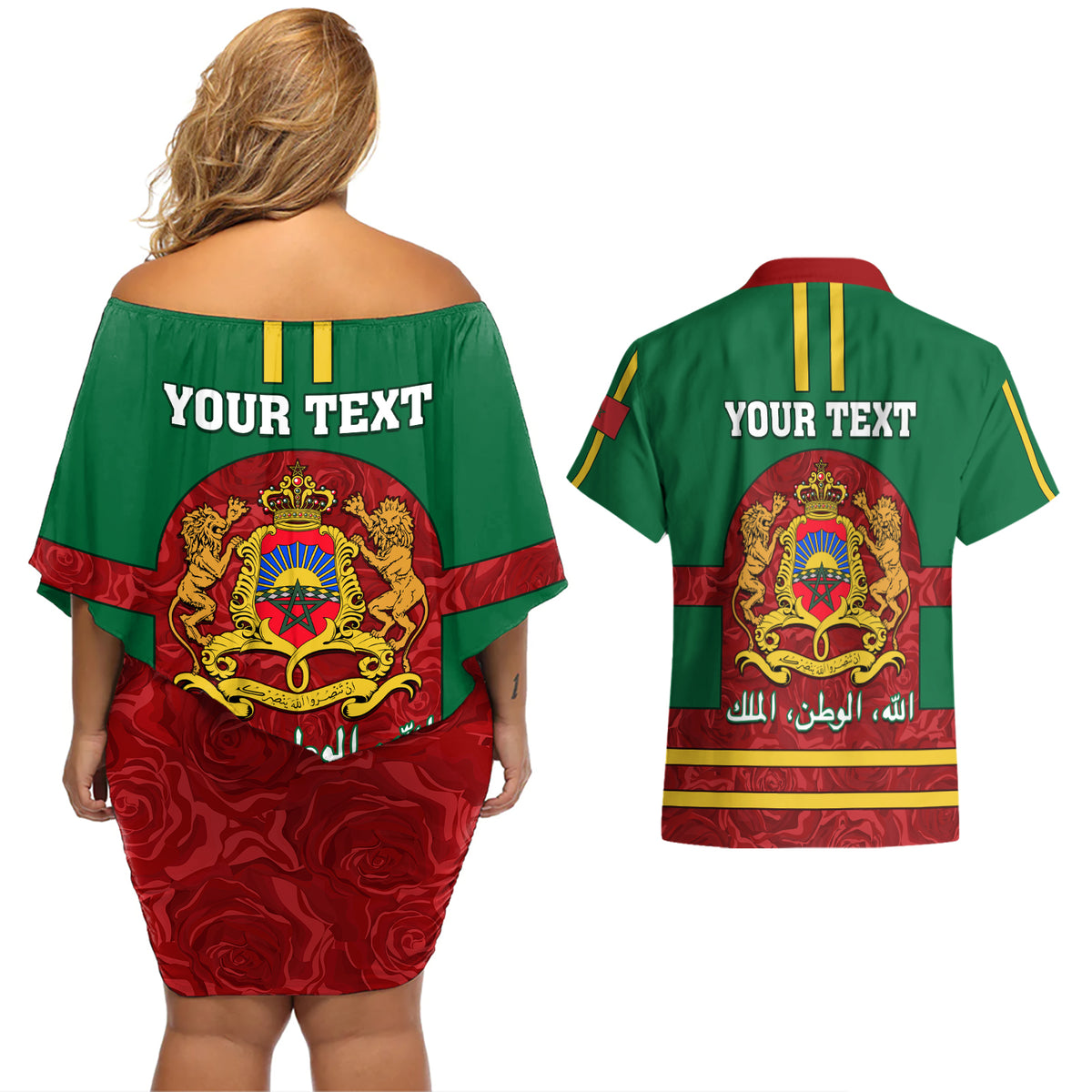 Morocco Proclamation Day Couples Matching Off Shoulder Short Dress and Hawaiian Shirt Marruecos Coat of Arms Roses Pattern - Wonder Print Shop