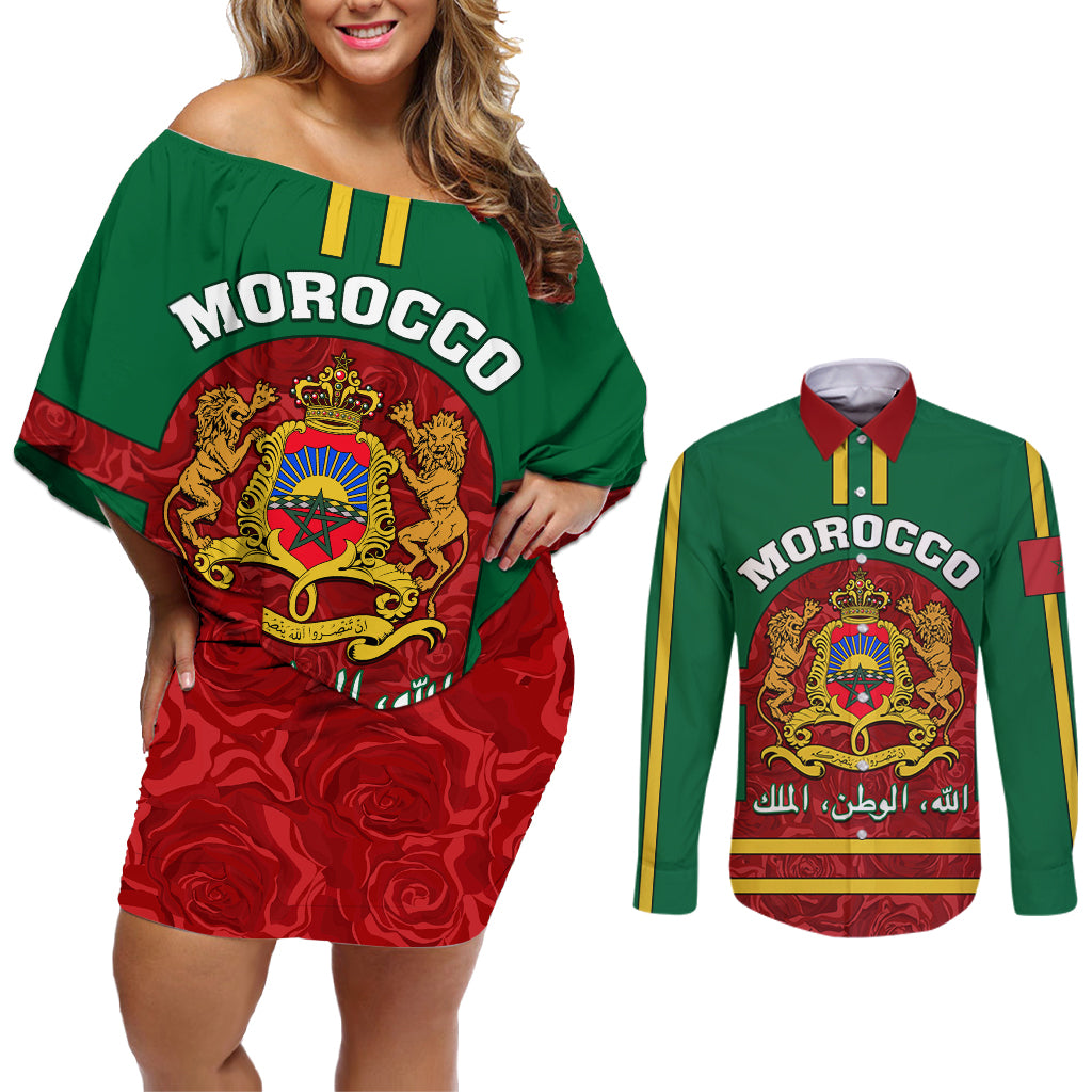 Morocco Proclamation Day Couples Matching Off Shoulder Short Dress and Long Sleeve Button Shirt Marruecos Coat of Arms Roses Pattern - Wonder Print Shop