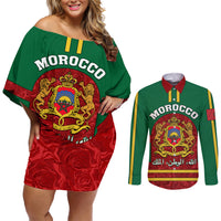Morocco Proclamation Day Couples Matching Off Shoulder Short Dress and Long Sleeve Button Shirt Marruecos Coat of Arms Roses Pattern - Wonder Print Shop