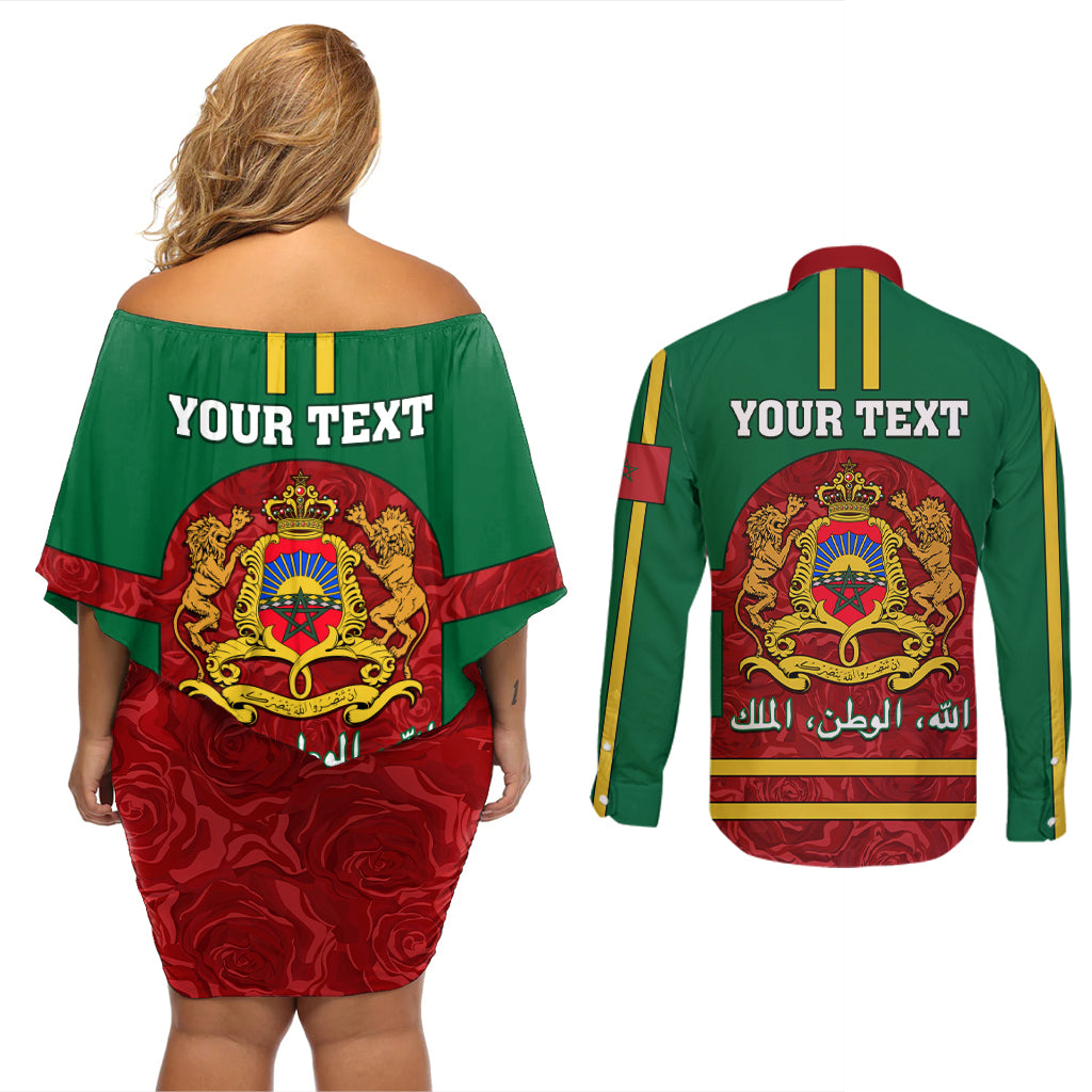 Morocco Proclamation Day Couples Matching Off Shoulder Short Dress and Long Sleeve Button Shirt Marruecos Coat of Arms Roses Pattern - Wonder Print Shop