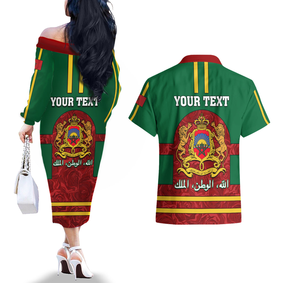 Morocco Proclamation Day Couples Matching Off The Shoulder Long Sleeve Dress and Hawaiian Shirt Marruecos Coat of Arms Roses Pattern - Wonder Print Shop