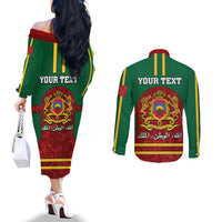 morocco-proclamation-day-couples-matching-off-the-shoulder-long-sleeve-dress-and-long-sleeve-button-shirt-marruecos-coat-of-arms-roses-pattern