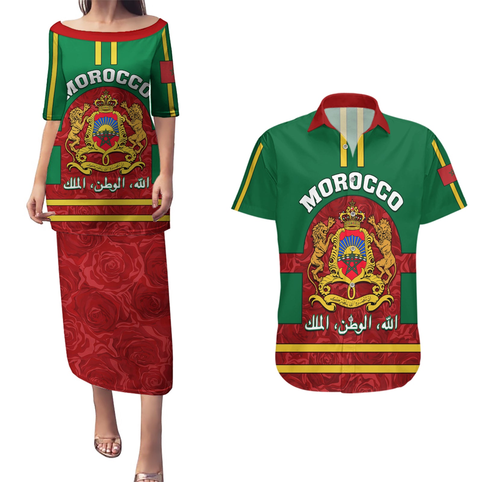 Morocco Proclamation Day Couples Matching Puletasi Dress and Hawaiian Shirt Marruecos Coat of Arms Roses Pattern - Wonder Print Shop