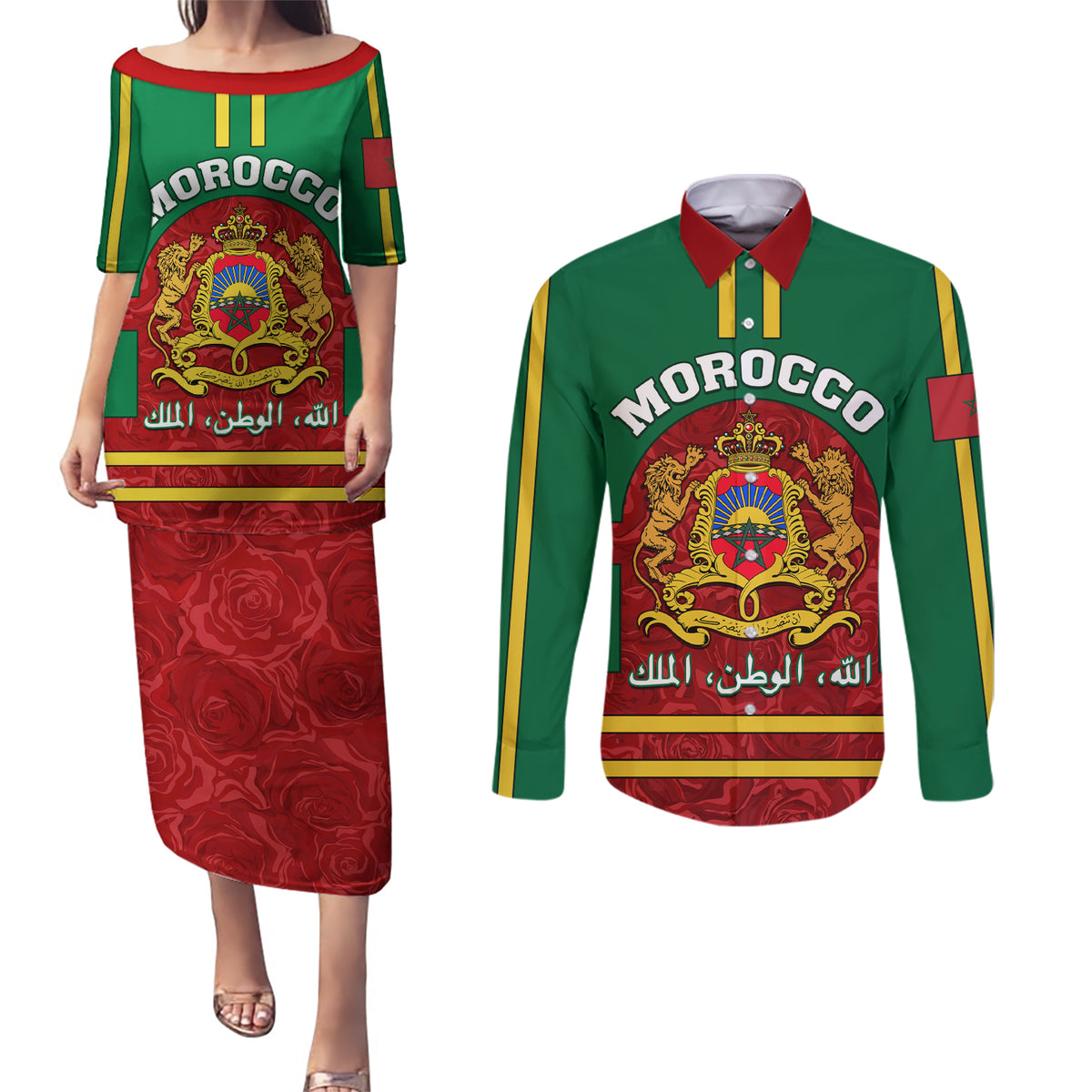 Morocco Proclamation Day Couples Matching Puletasi Dress and Long Sleeve Button Shirt Marruecos Coat of Arms Roses Pattern - Wonder Print Shop