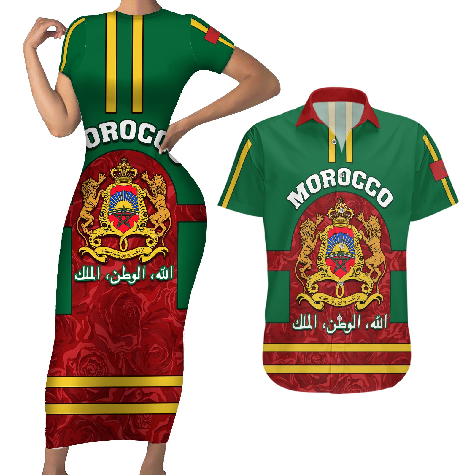 Morocco Proclamation Day Couples Matching Short Sleeve Bodycon Dress and Hawaiian Shirt Marruecos Coat of Arms Roses Pattern - Wonder Print Shop
