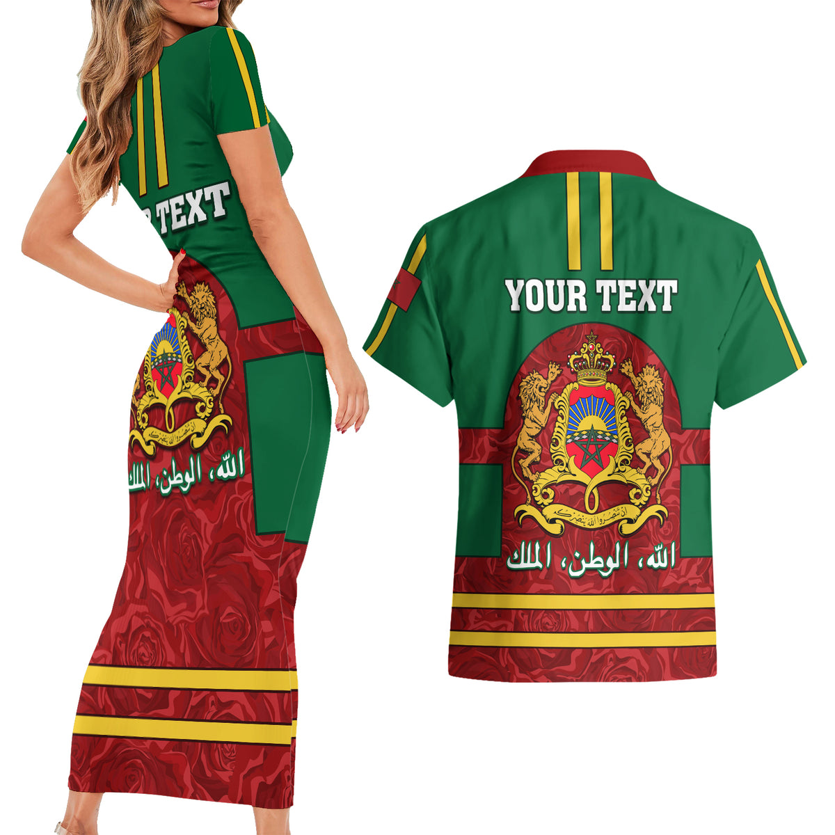 Morocco Proclamation Day Couples Matching Short Sleeve Bodycon Dress and Hawaiian Shirt Marruecos Coat of Arms Roses Pattern - Wonder Print Shop