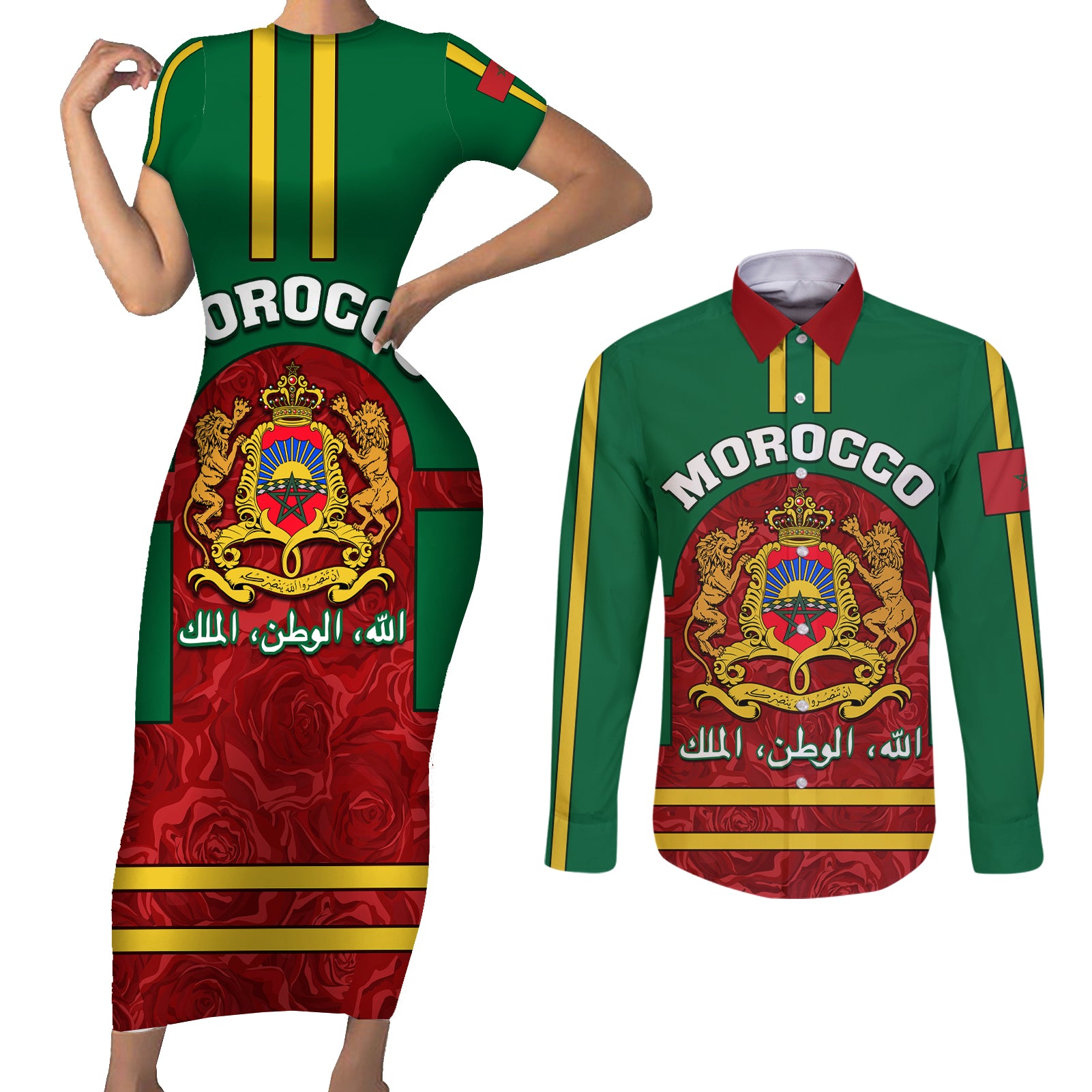 Morocco Proclamation Day Couples Matching Short Sleeve Bodycon Dress and Long Sleeve Button Shirt Marruecos Coat of Arms Roses Pattern - Wonder Print Shop