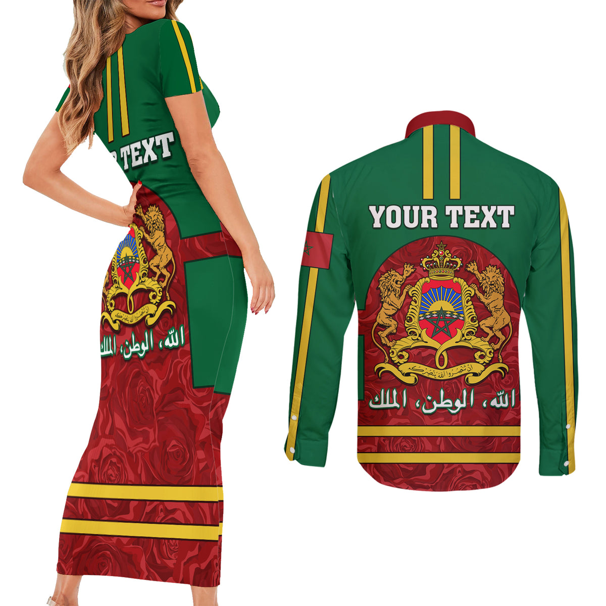 Morocco Proclamation Day Couples Matching Short Sleeve Bodycon Dress and Long Sleeve Button Shirt Marruecos Coat of Arms Roses Pattern - Wonder Print Shop