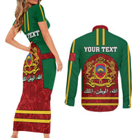 Morocco Proclamation Day Couples Matching Short Sleeve Bodycon Dress and Long Sleeve Button Shirt Marruecos Coat of Arms Roses Pattern - Wonder Print Shop