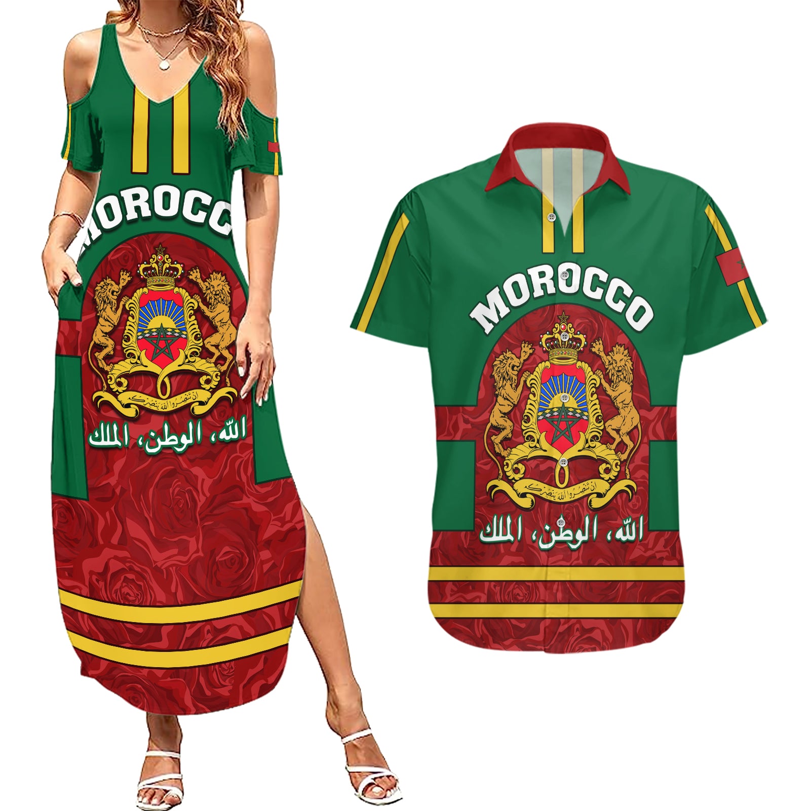 Morocco Proclamation Day Couples Matching Summer Maxi Dress and Hawaiian Shirt Marruecos Coat of Arms Roses Pattern - Wonder Print Shop