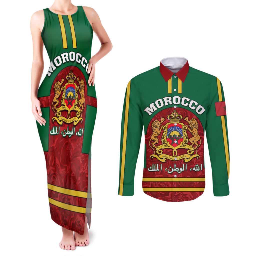 Morocco Proclamation Day Couples Matching Tank Maxi Dress and Long Sleeve Button Shirt Marruecos Coat of Arms Roses Pattern - Wonder Print Shop