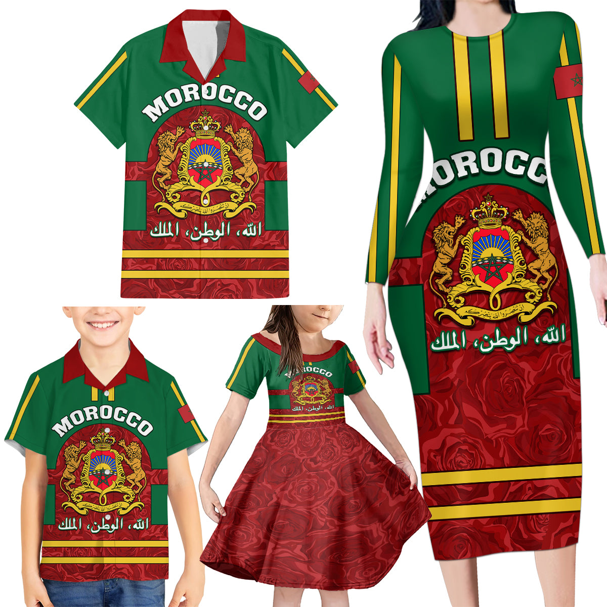 Morocco Proclamation Day Family Matching Long Sleeve Bodycon Dress and Hawaiian Shirt Marruecos Coat of Arms Roses Pattern - Wonder Print Shop
