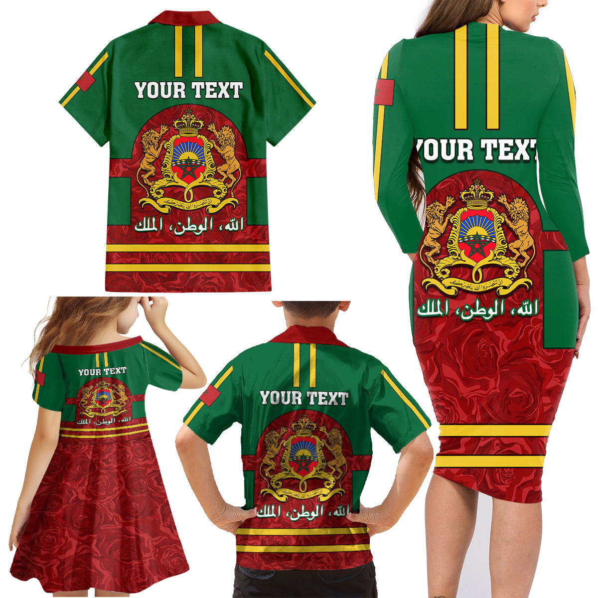 Morocco Proclamation Day Family Matching Long Sleeve Bodycon Dress and Hawaiian Shirt Marruecos Coat of Arms Roses Pattern - Wonder Print Shop