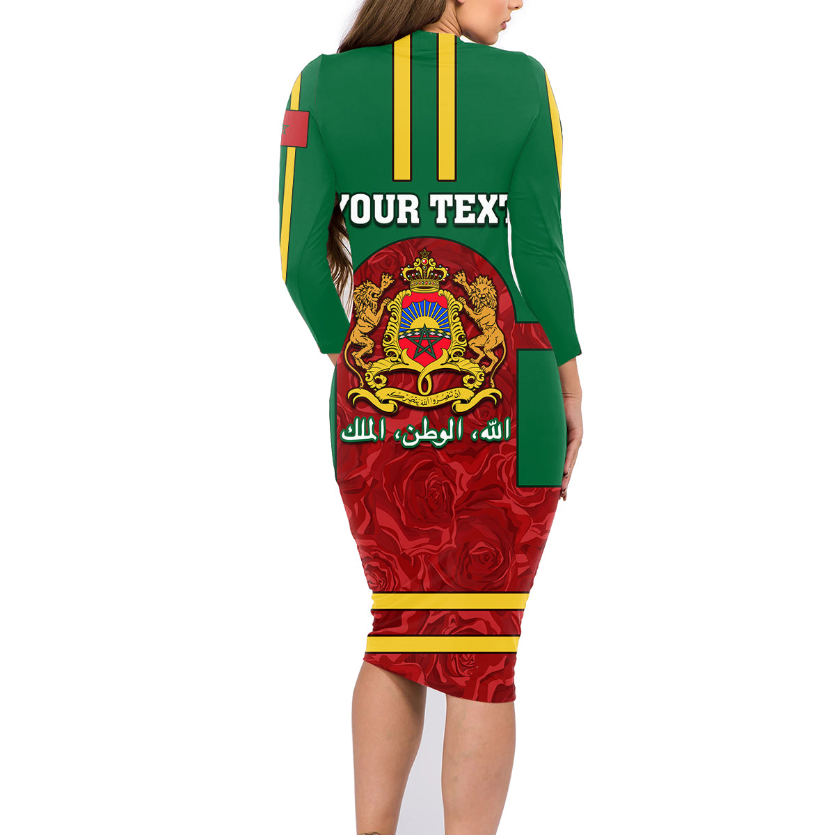 Morocco Proclamation Day Family Matching Long Sleeve Bodycon Dress and Hawaiian Shirt Marruecos Coat of Arms Roses Pattern - Wonder Print Shop