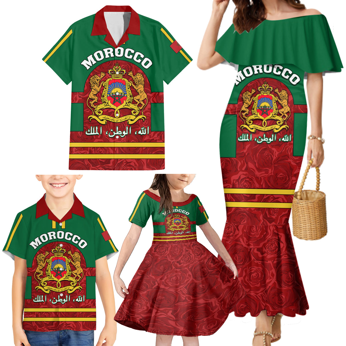Morocco Proclamation Day Family Matching Mermaid Dress and Hawaiian Shirt Marruecos Coat of Arms Roses Pattern - Wonder Print Shop