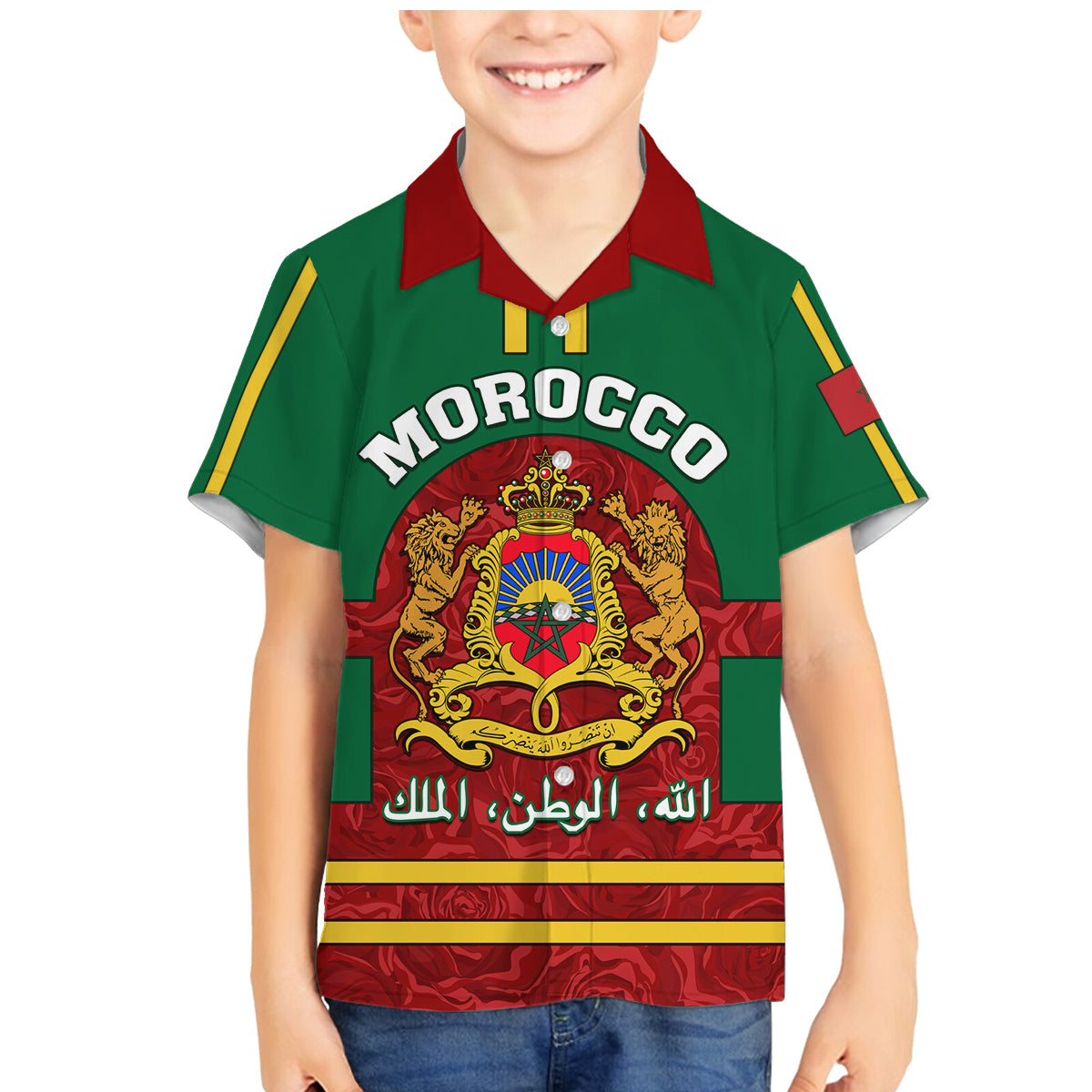 Morocco Proclamation Day Family Matching Mermaid Dress and Hawaiian Shirt Marruecos Coat of Arms Roses Pattern - Wonder Print Shop