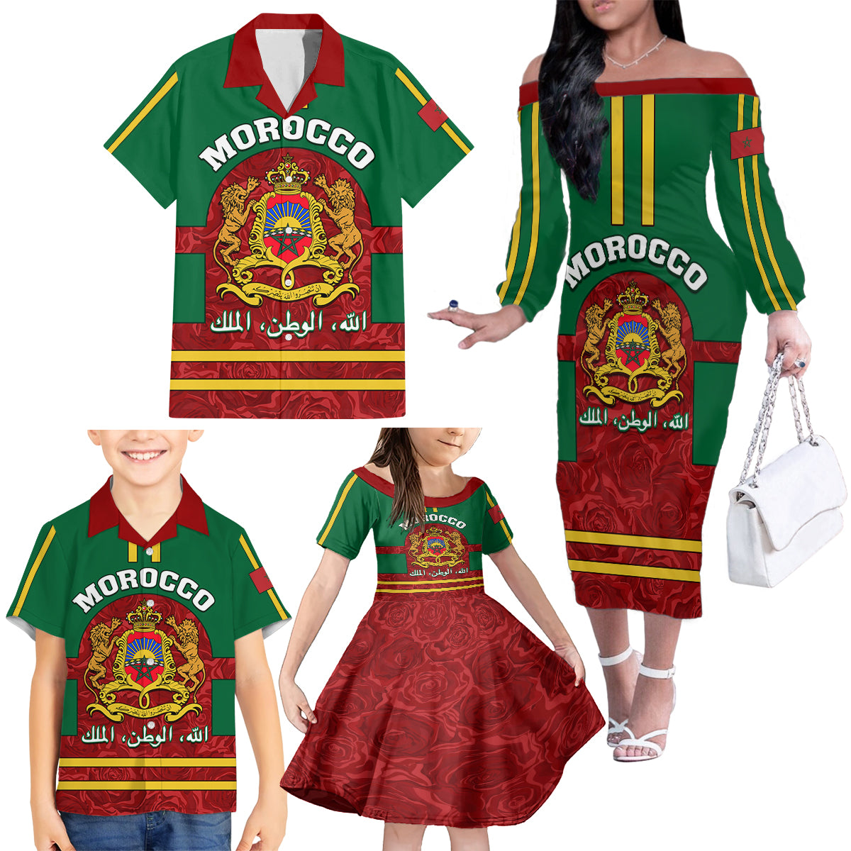 Morocco Proclamation Day Family Matching Off Shoulder Long Sleeve Dress and Hawaiian Shirt Marruecos Coat of Arms Roses Pattern - Wonder Print Shop